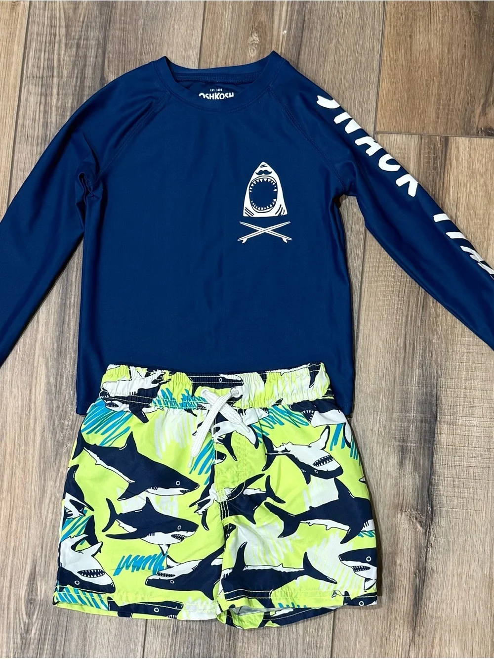 OshKosh B'gosh Navy Blue Shark Rash Guard Set with Lime Shark Swim Trunks